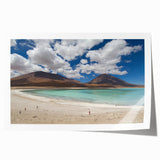 A rolled canvas print featuring a serene Bolivian landscape with lush greenery and distant mountains.