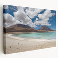 Side view of a stretched canvas depicting a Bolivian landscape in earthy tones, suitable for kitchen wall art.