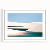 Abstract art print of a Brazilian landscape in muted earth tones on a framed white mat, suitable for dining room decor.