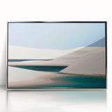 Mid-century modernist art depicting a Brazilian landscape in pastel hues, acrylic print framed in silver.