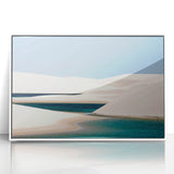 Acrylic print of a scenic Brazilian landscape in muted greens and blues, framed in white, ideal for modern art wall decor.