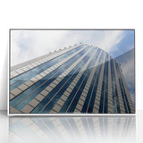 Art deco poster of Santiago skyline in muted blue and white tones, acrylic print framed, ideal for modern art wall decor.