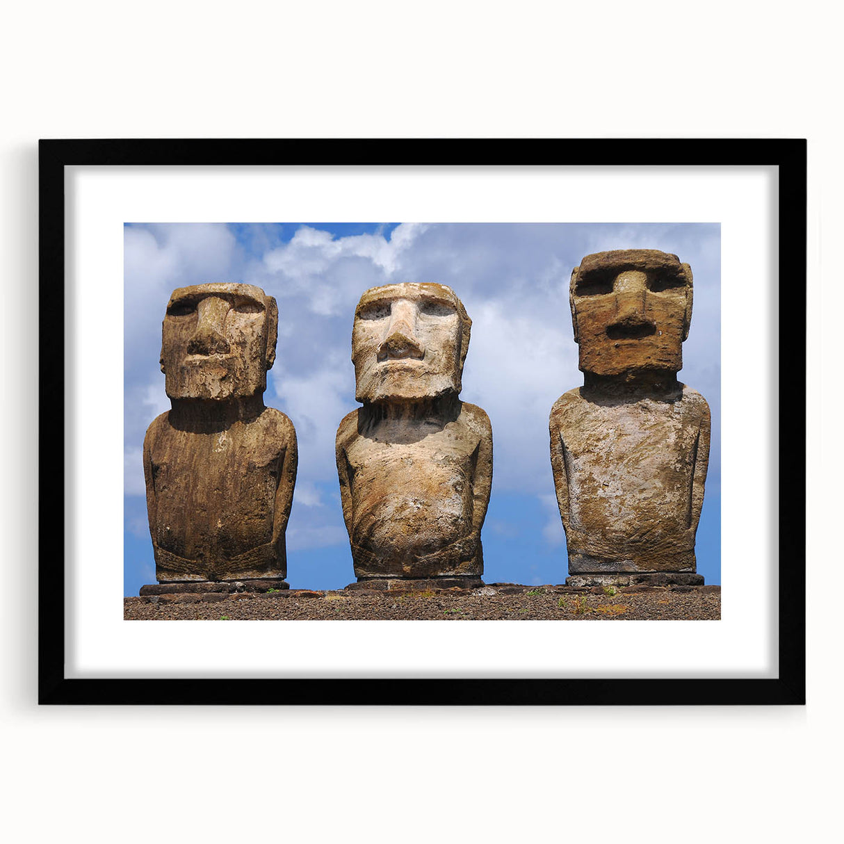 Abstract art print of a colorful Chilean landscape, in a black frame with a mat, ideal for living room decor.