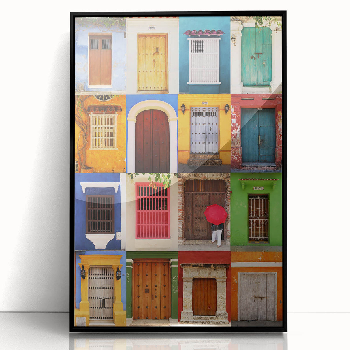 Large abstract wall art depicting a vibrant Colombian landscape on a black-framed acrylic.