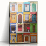 Mid-century modernist art depicting a scenic Colombian landscape in muted earth tones, framed in silver acrylic.