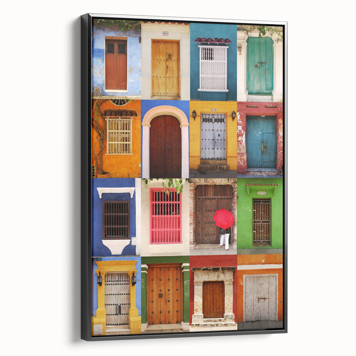 Black and white wall art featuring a vintage poster-style landscape of Colombia on a framed canvas, ideal for bedroom decor.