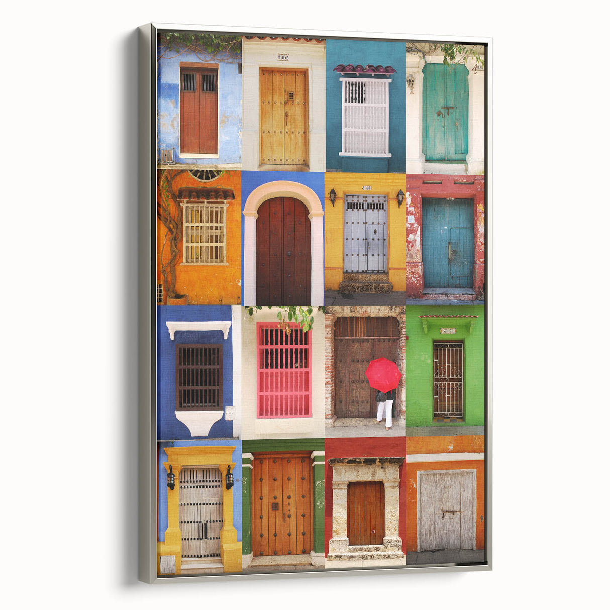 Framed canvas of a vintage-style Colombian landscape painting featuring colorful art on a black background.