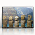 Large abstract wall art depicting Easter Island statues in muted earth tones on a framed acrylic.