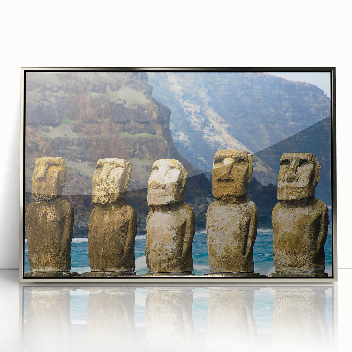 Mid-century modernist art of Easter Island statues in muted earth tones, framed acrylic, ideal for modern art wall decor.