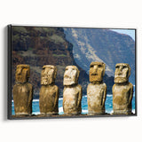 Black and white framed canvas of Easter Island landscape, ideal for bedroom wall art in a vintage poster style.