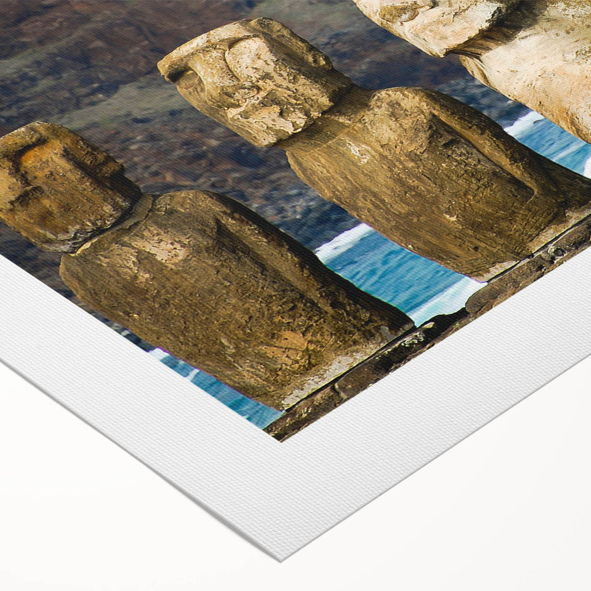 Art deco poster of Easter Island scenery in muted earth tones on rolled canvas, suitable for dining room wall art.