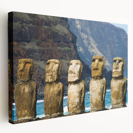 Easter Island statues print on stretched canvas with neutral and earth tones, suitable for kitchen wall art.