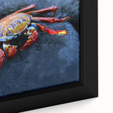 Close-up of a framed canvas featuring a textured depiction of the Galápagos Islands with vibrant.