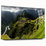 Acrylic print of Machu Picchu in muted earth tones, ideal for dining room or bedroom decor.