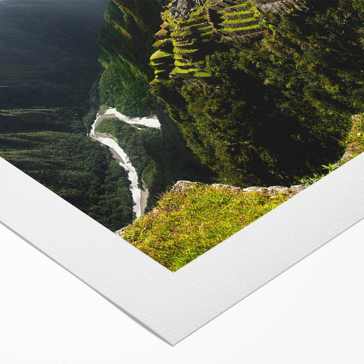 Art deco poster of Machu Picchu in muted earth tones on rolled canvas, suitable for dining room wall art.