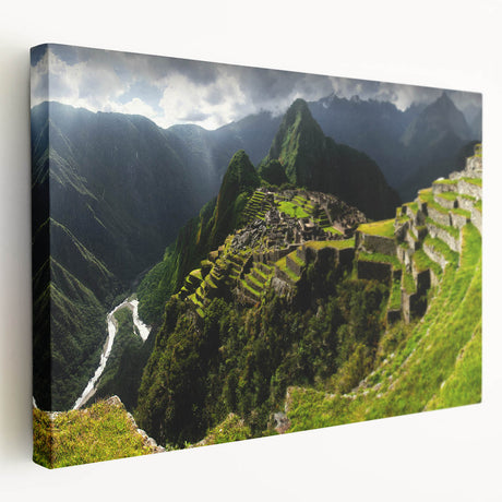 Machu Picchu landscape on stretched canvas, featuring lush greenery and ancient ruins, ideal for kitchen wall art.