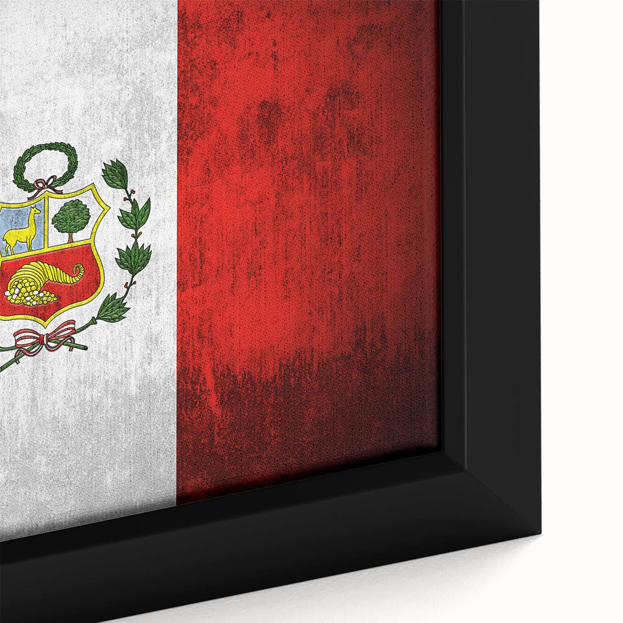 Extra large framed canvas featuring a textured depiction of a Peruvian landscape in black with colorful accents.