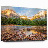 Large abstract depiction of a South American landscape in cool blue and green tones on acrylic glass.