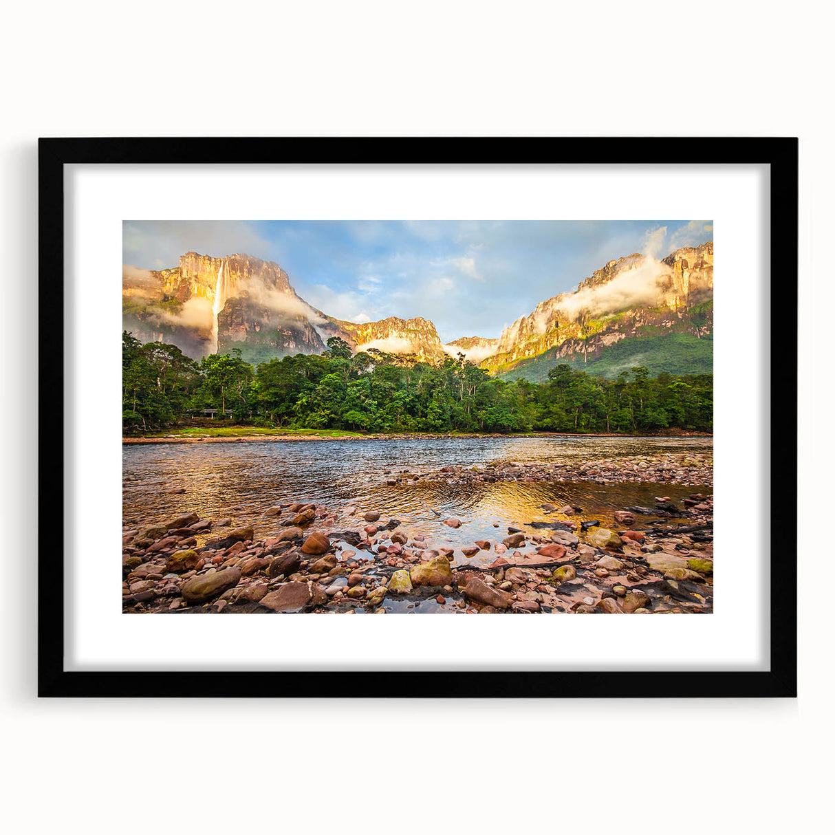 Abstract art print depicting vibrant, colorful scenery of Venezuela on a large framed canvas, ideal for living room decor.
