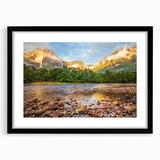 Abstract art print depicting vibrant, colorful scenery of Venezuela on a large framed canvas, ideal for living room decor.