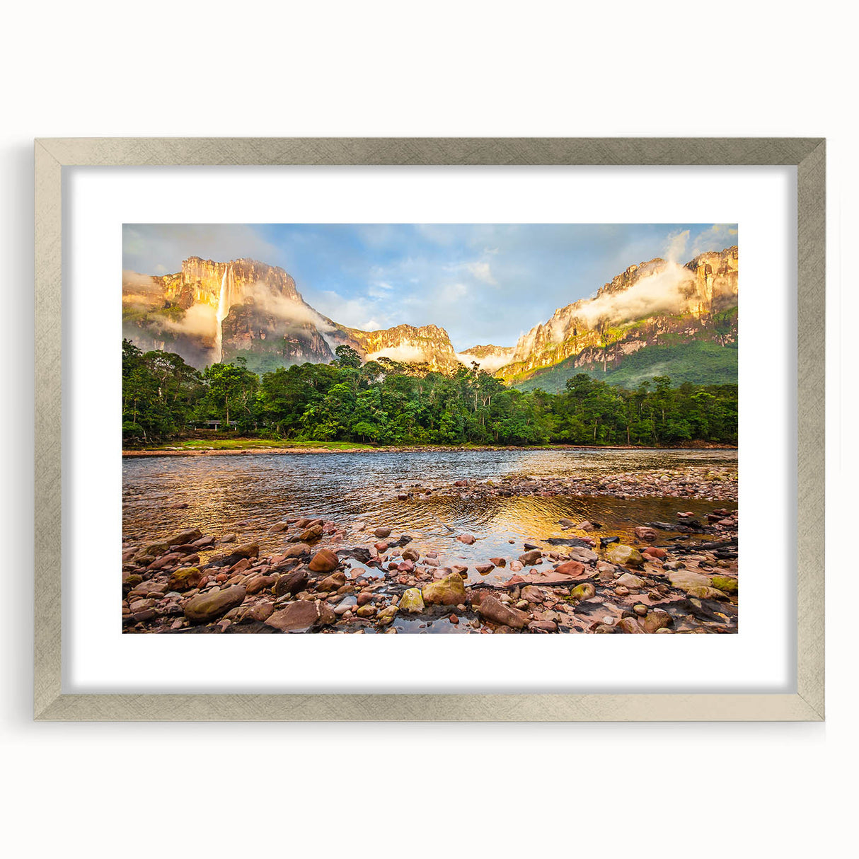 Textured abstract art print of a Venezuelan landscape in muted earth tones on a framed canvas, ideal for bedroom art.