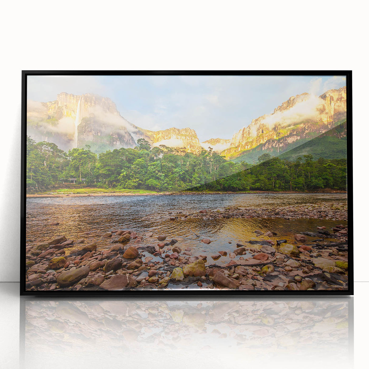 Large abstract wall art depicting a vibrant South American landscape in acrylic, framed in black.
