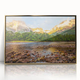 Framed acrylic print of a Venezuelan landscape in mid-century modernist style, featuring earth tones.