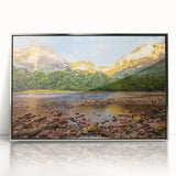 Mid-century modernist art of a Venezuelan landscape in muted earth tones on a silver-framed acrylic print.