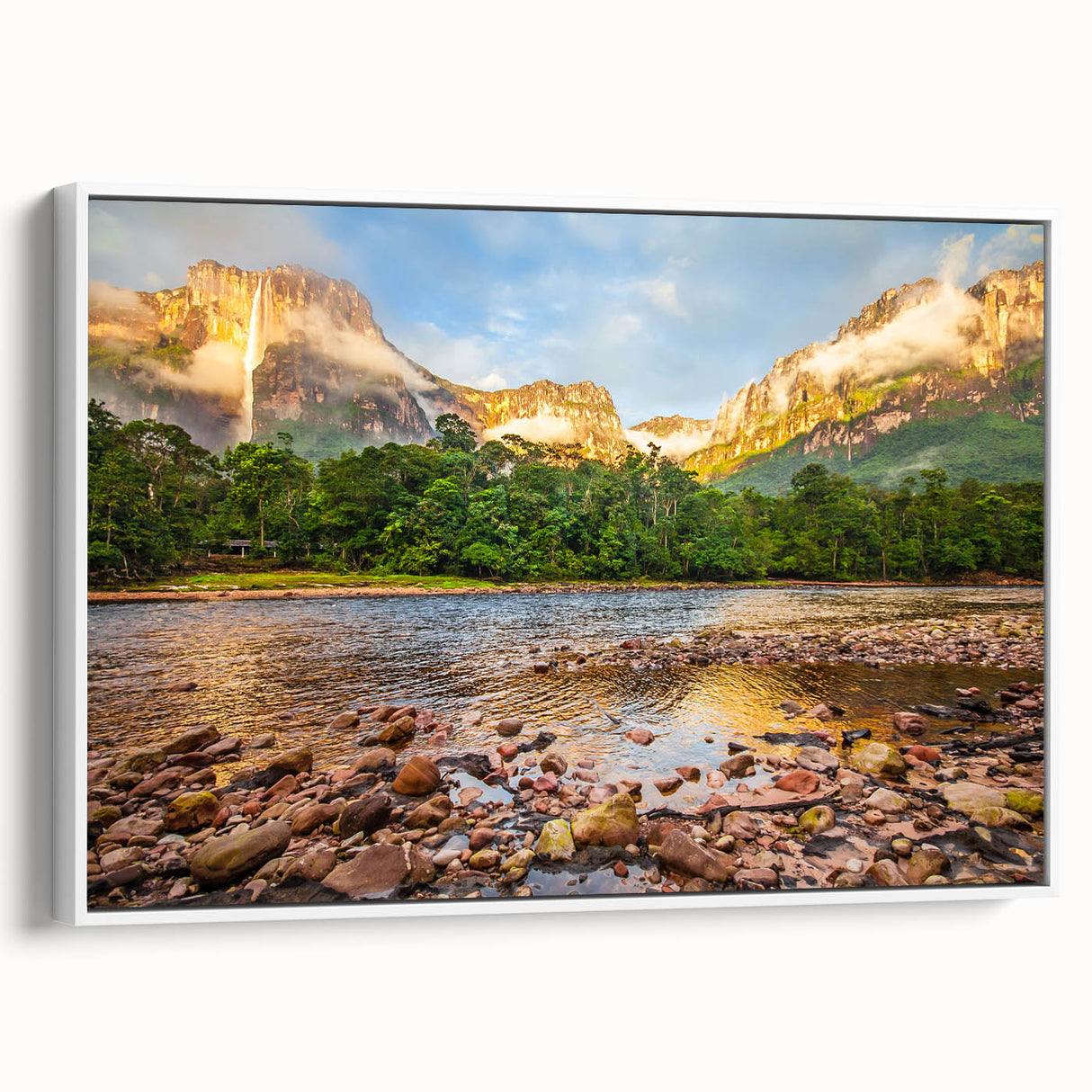 Framed canvas of a vintage poster art depicting colorful Venezuelan scenery, ideal for living room decor.