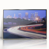 Mid-century modernist art depicting Alabama scenery in muted earth tones on a silver-framed acrylic print.