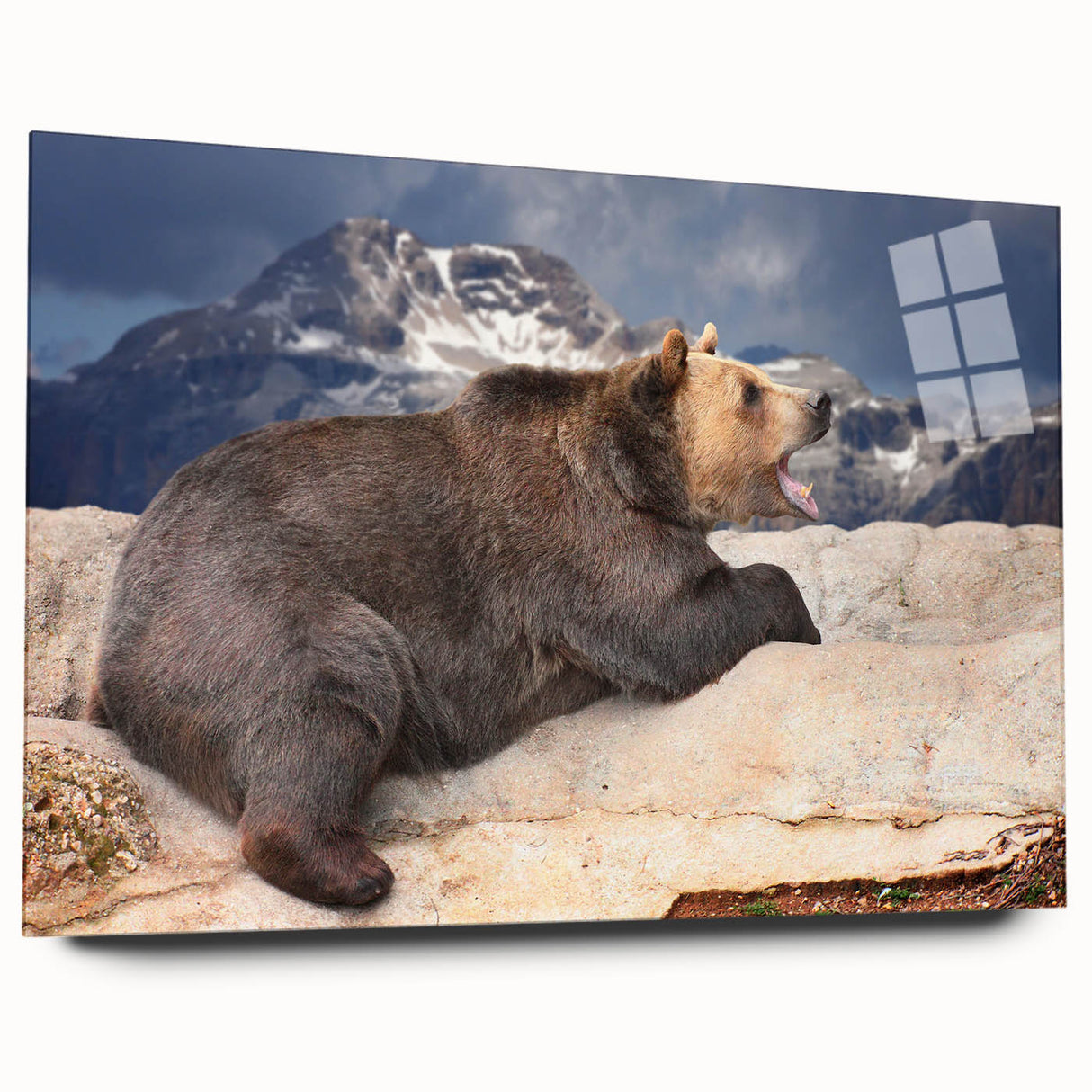 Large abstract depiction of Denali, Alaska in muted earth tones on acrylic glass, suitable for bedroom or dining room art.