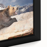 Close-up of a textured, extra large framed canvas depicting Denali, Alaska, in black with colorful art accents.