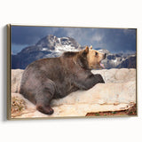 Landscape art painting of Denali, Alaska on framed canvas, featuring muted gold and black tones.