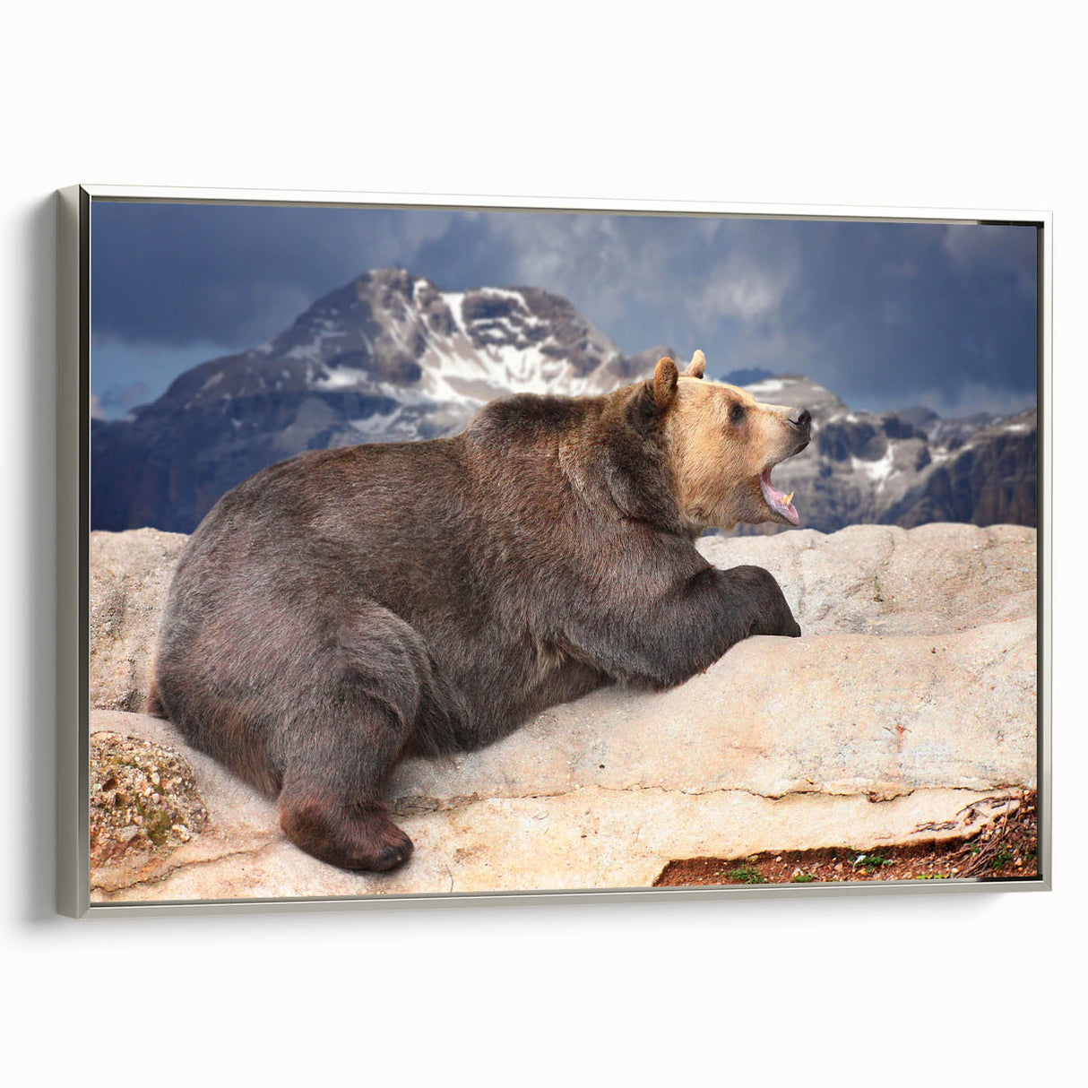 Framed canvas featuring a vintage-style landscape painting of Denali, Alaska.