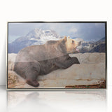 Mid-century modernist art depicting Denali National Park in Alaska, featuring muted earth tones on a framed acrylic print.