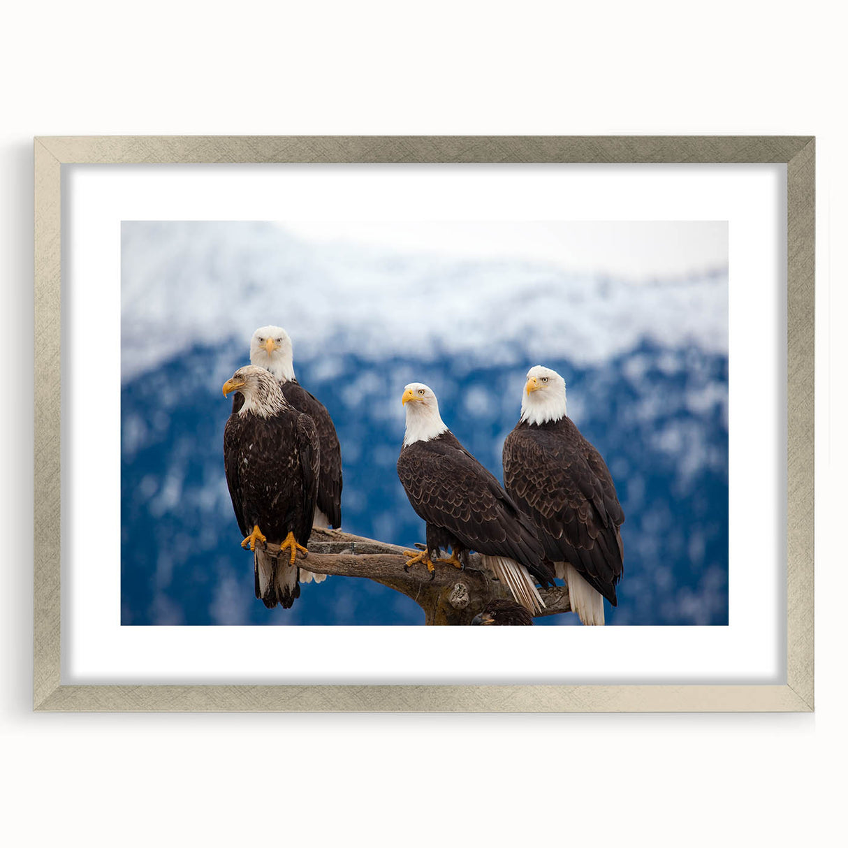 Textured abstract art print of Alaska scenery in muted earth tones, framed in silver, suitable for bedroom decor.