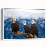 Vintage poster art of Alaska scenery on a framed canvas, featuring colorful art with black accents.