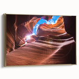 Framed canvas wall art depicting the Antelope Canyon in Arizona with golden and black color tones.