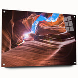 Acrylic print of Antelope Canyon in Arizona showing layered rock formations in warm earth tones.