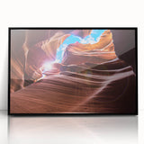 Large abstract wall art depicting Arizona's Antelope Canyon in muted earth tones on a framed acrylic.