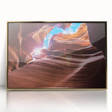 Framed acrylic print of Antelope Canyon in Arizona, featuring warm earth tones, ideal for modern art wall decor.