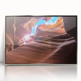 Mid-century modernist art depicting Antelope Canyon in Arizona on a silver-framed acrylic print, using earth tones.