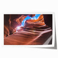 Antelope Canyon photography in warm earth tones on a rolled print, suitable for art wall dining room.