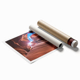 Abstract depiction of Antelope Canyon in warm orange and brown tones on a large rolled canvas print.