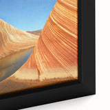 Close-up of a framed canvas featuring Coyote Buttes in Arizona, with a textured black border and vibrant, colorful landscape.