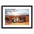 Extra large, textured abstract art print of Glen Canyon in vibrant colors on a framed black mat, ideal for living room decor.