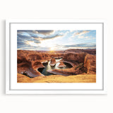 Abstract art print of Glen Canyon in muted earth tones on a framed white mat, suitable for dining room decor.
