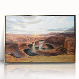 Mid-century modernist art of Glen Canyon in Arizona, featuring earthy tones on a silver-framed acrylic print.