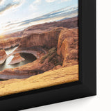 Extra large framed canvas of Glen Canyon in Arizona, featuring black textured cliffs and colorful sky.