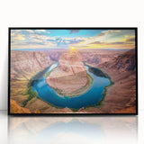 Large abstract wall art of the Grand Canyon in muted earth tones, framed in black acrylic.